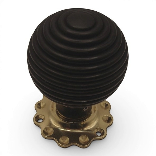 PDF1016F2/PB  Ebonised / Polished Brass  Period Timber Round Beehive Mortice / Rim Knob Set With Flower Roses